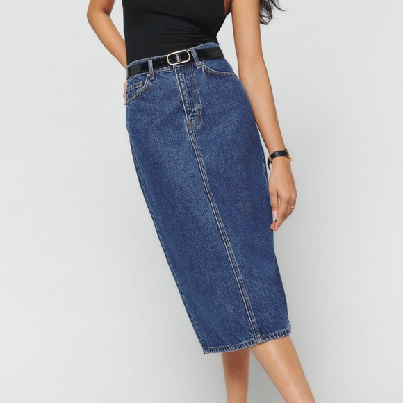 Reformation Jayde High Rise Denim Jean Midi Skirt - Picture 3 of 7